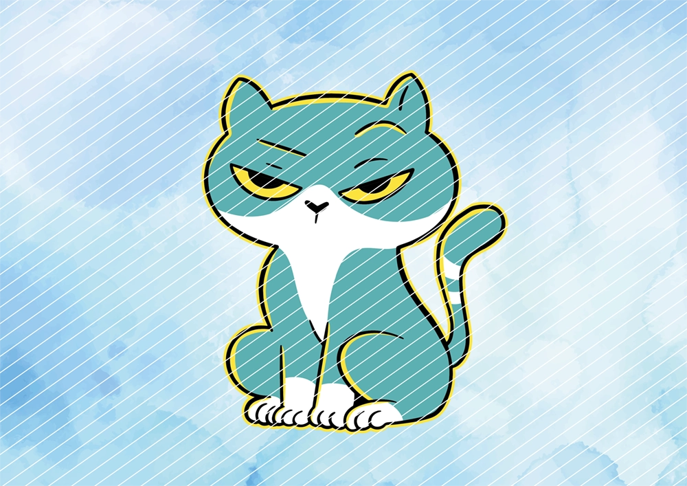 Humorvolles Bügelbild einer mürrisch dreinblickenden Cartoon-Katze Lustiges Bügelbild mit mürrischer Katze – Cartoon-Katzenmotiv