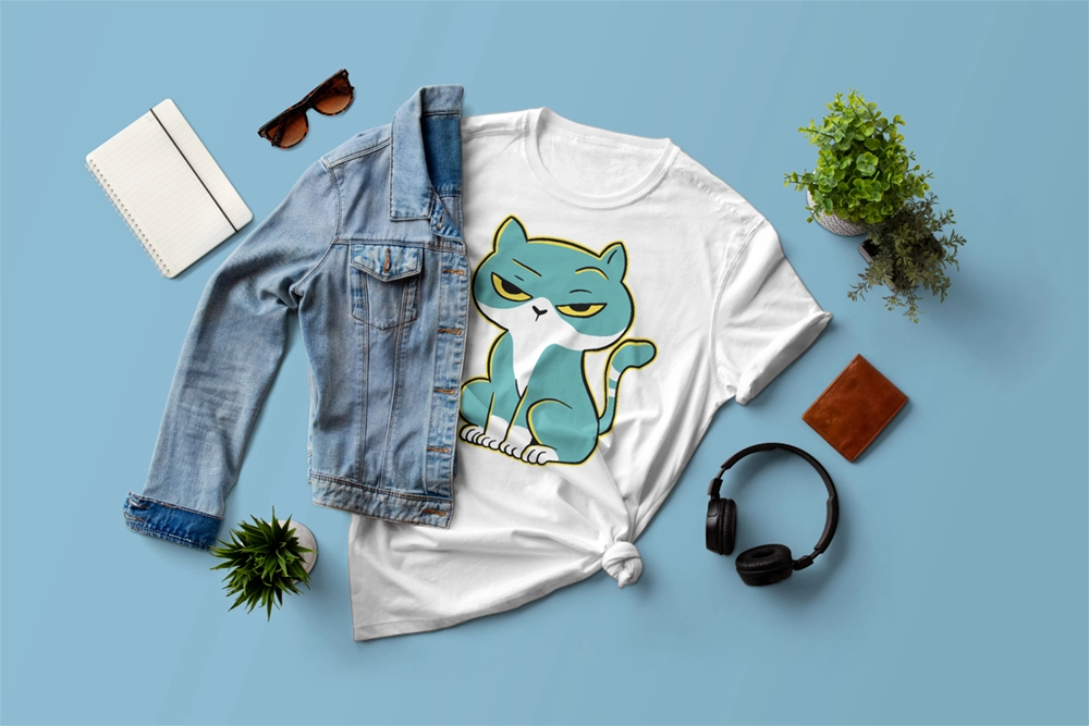 Lustiges Bügelbild mit mürrischer Katze – Cartoon-Katzenmotiv auf weißem T-Shirt Weißes T-Shirt mit humorvollem Bügelbild einer mürrisch dreinblickenden Cartoon-Katze, präsentiert im Flatlay-Stil mit Jeansjacke, Pflanzen, Kopfhörer und Notizbuch auf hellblauem Hintergrund