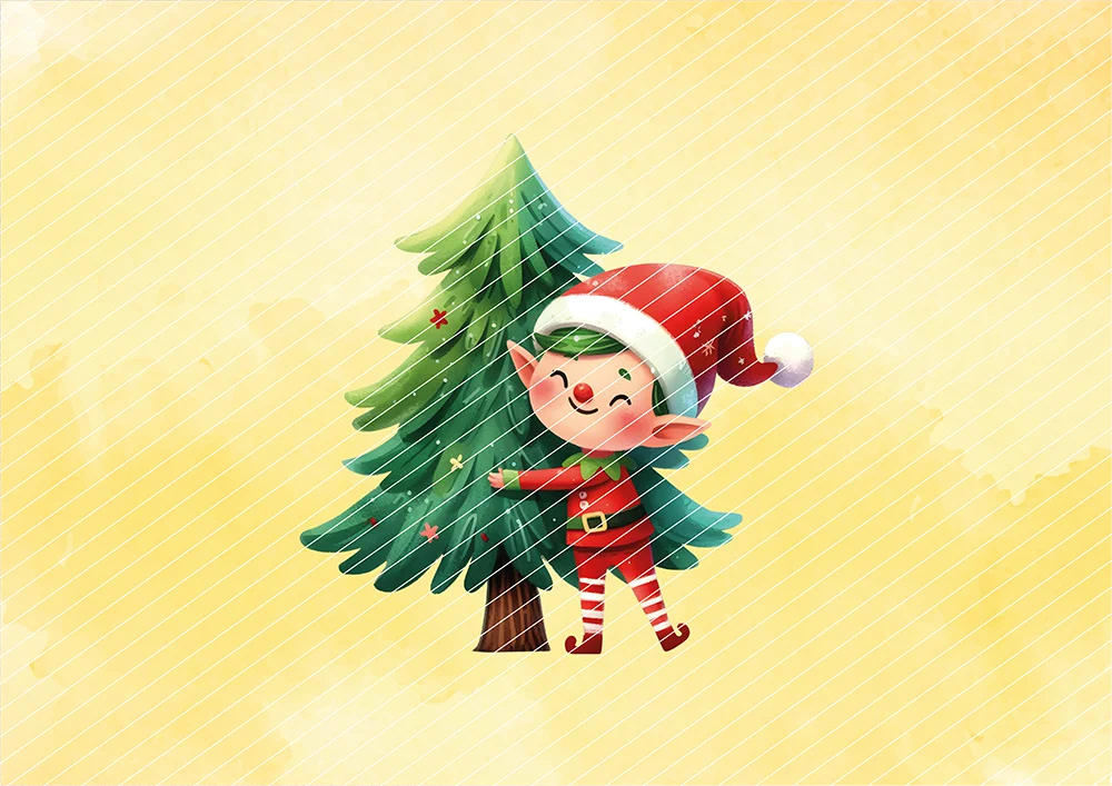 Elf umarmt Weihnachtsbaum // Bügelbild