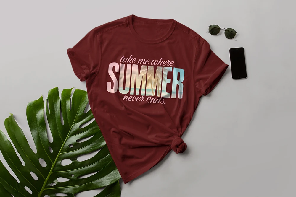 Take me where summer never ends - Sommer-Motiv mit Palmen // Bügelbild
