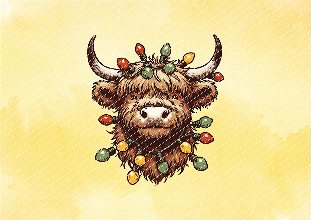 Highland-Cattle umschlungen von Lichterkette // Bügelbild