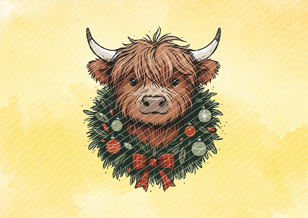 Highland-Kuh mit Weihnachtskranz // Bügelbild