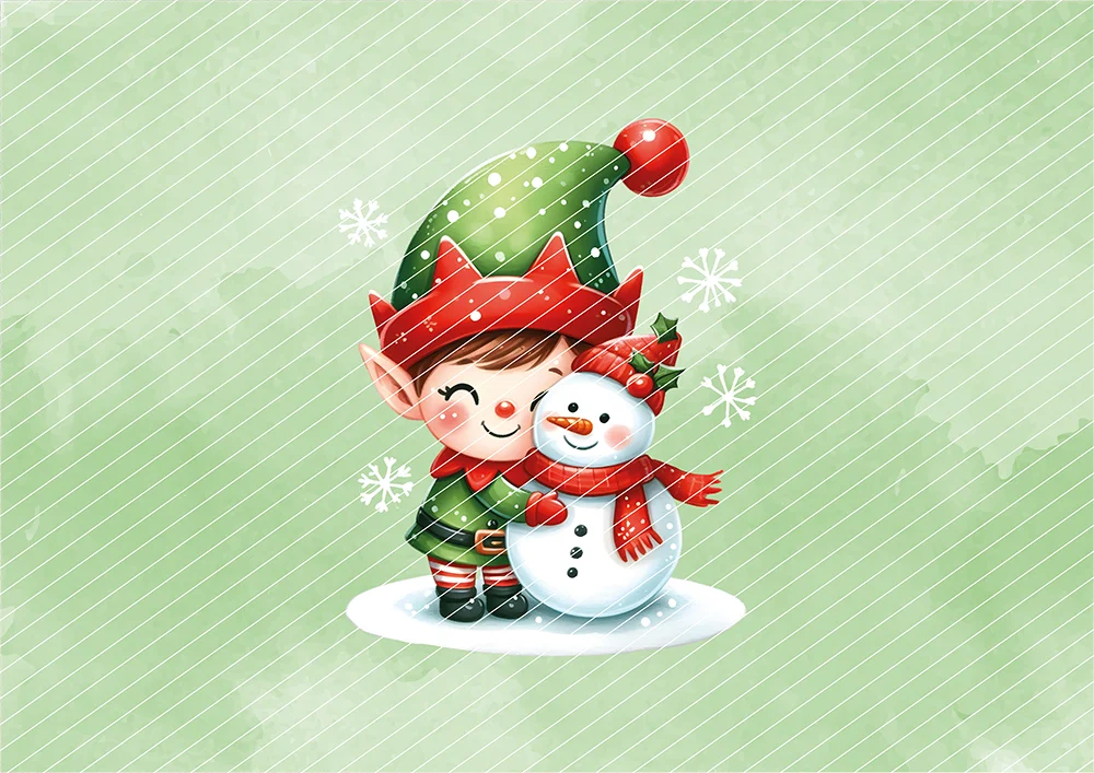 Weihnachtself umarmt Schneemann // Bügelbild