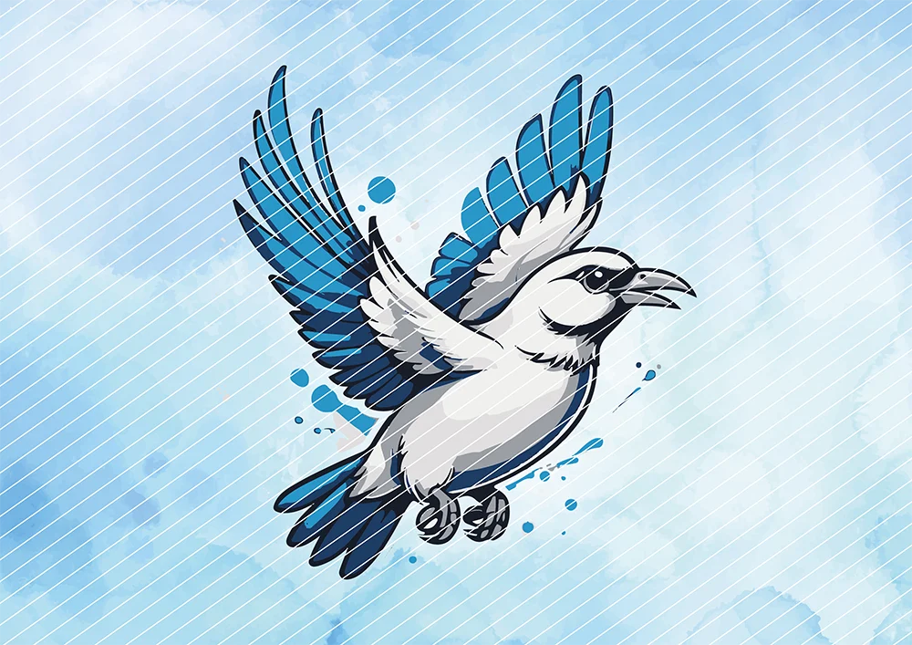 Fliegender Vogel mit blauen Federn // Bügelbild Fliegender Vogel mit blauen Federn // Bügelbild