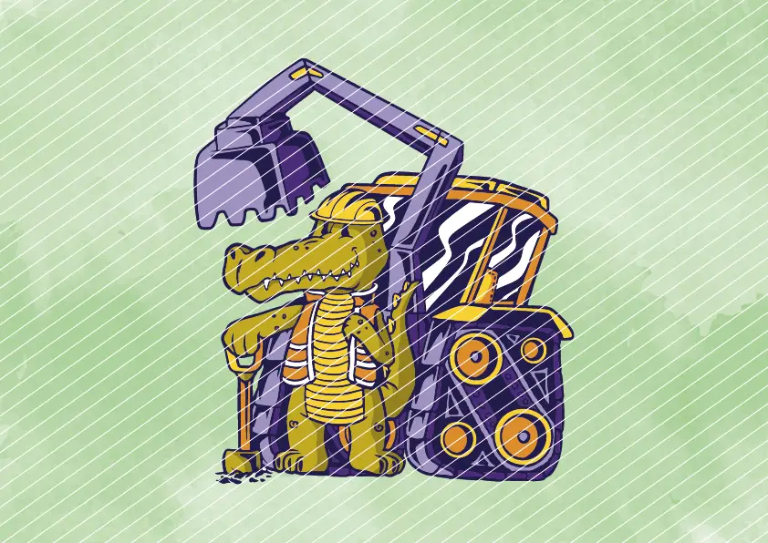 Krokodil Bauarbeiter mit Bagger // Bügelbild Krokodil Bauarbeiter mit Bagger // Bügelbild