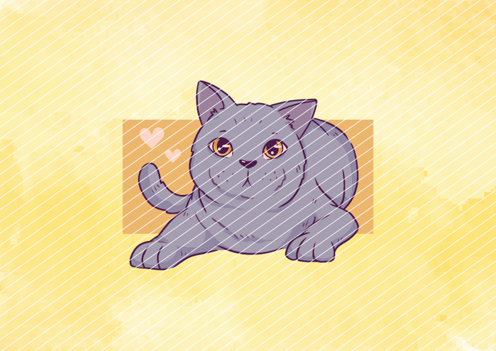 Niedliches Bügelbild mit liegender grauer Katze – Cartoon-Katzenmotiv mit Herzchen auf gelbem Hintergrund Illustration eines liebevollen Bügelbildes mit einer liegenden grauen Cartoon-Katze und rosa Herzchen auf einem warmen, gelben Hintergrund – perfekt für T-Shirts und textile DIY-Projekte