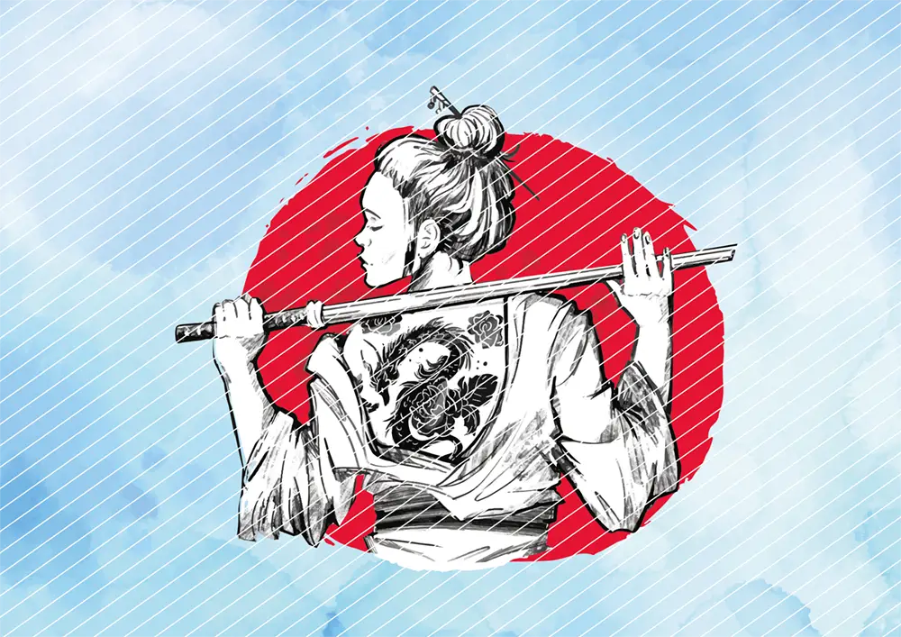 Weiblicher Samurai mit Drachen-Tattoo // Bügelbild
