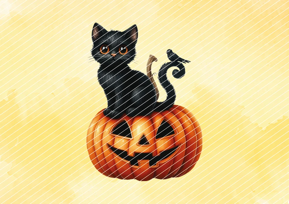 Katze sitzt auf Halloween-Kürbis // Bügelbild Katze sitzt auf Halloween-Kürbis // Bügelbild