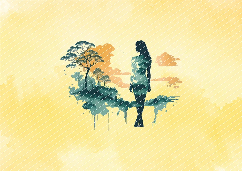 Silhouette einer Frau in afrikanischem Setting in Wasserfarben-Look // Bügelbild