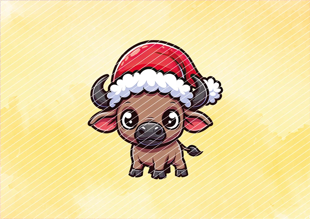 Büffel mit Weihnachtsmütze // Bügelbild