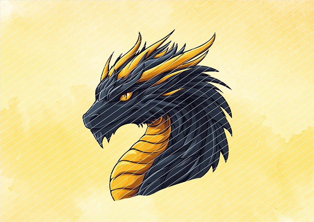 Drache mit schwarz-goldenen Schuppen // Bügelbild